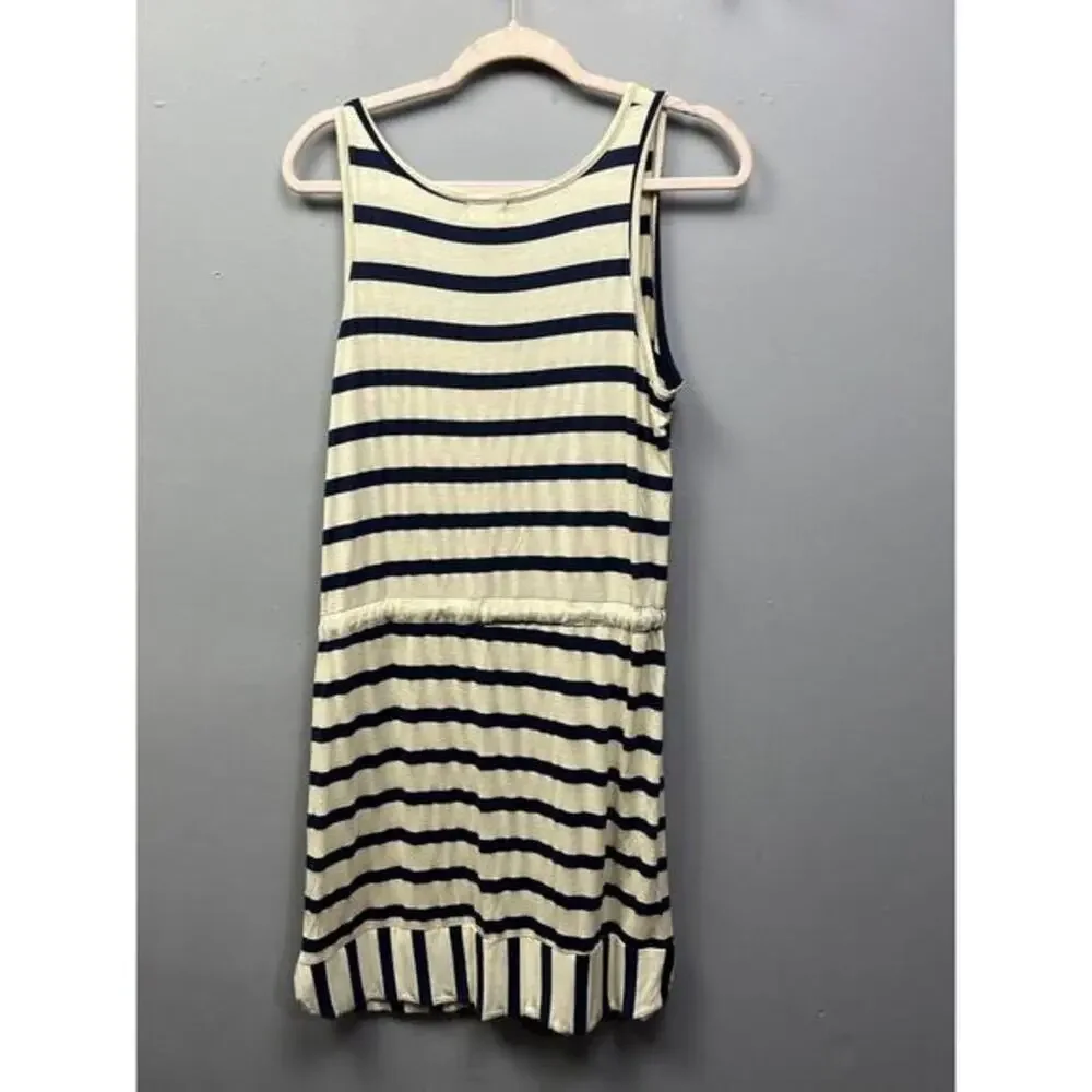 Maison Jules‎ Womens medium Tan Blue Stripes Sleeveless Knee Length Dress button
